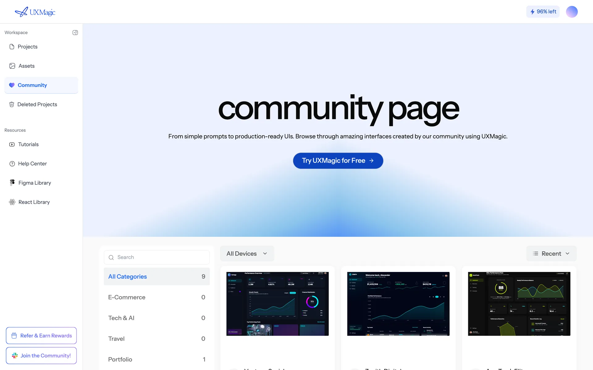 The Community page, showing published projects that can be opened and remixed.