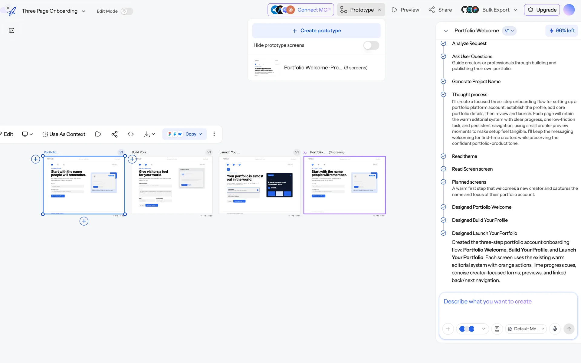 The Prototype menu open on the canvas, offering “Create prototype” and listing an existing three-screen prototype.