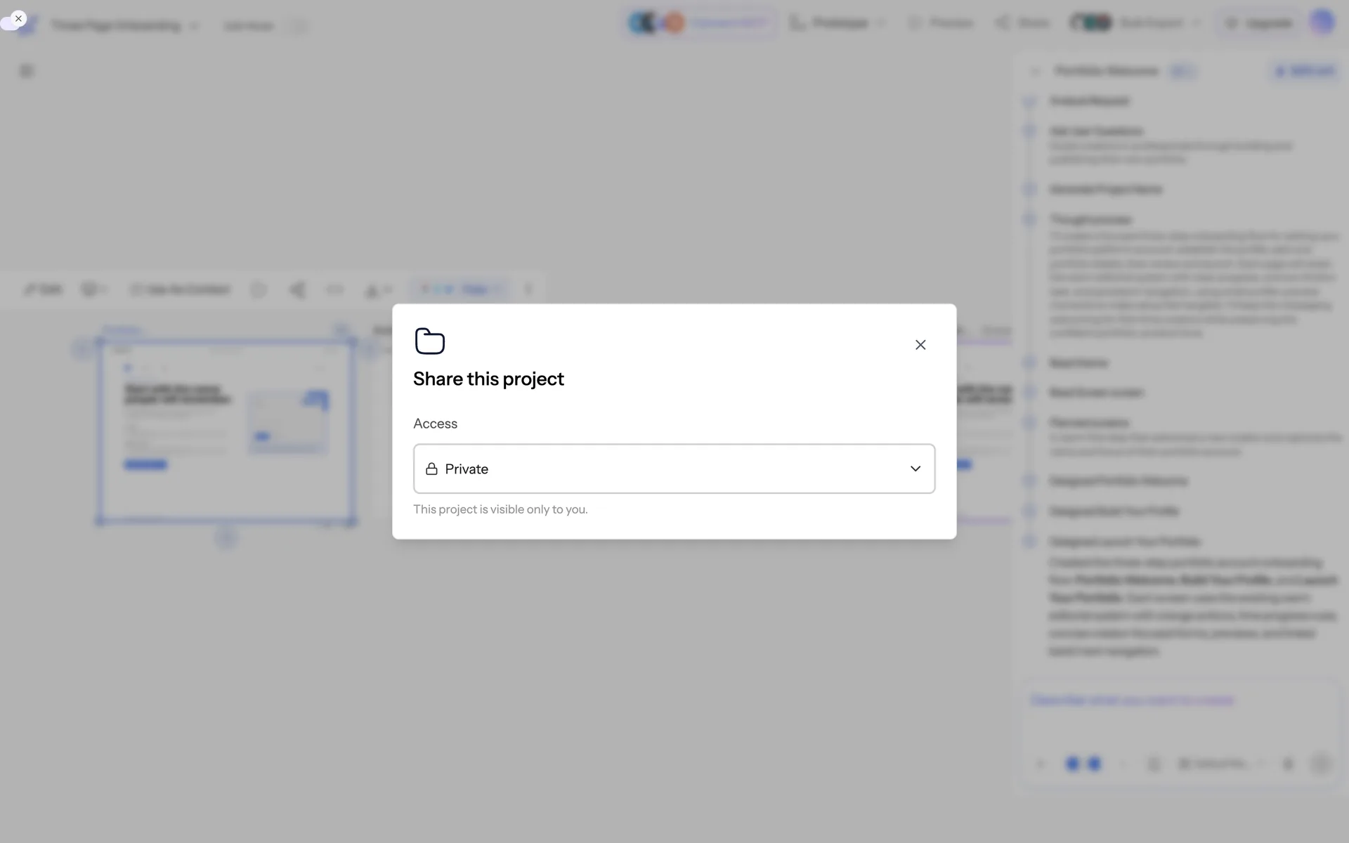The Share this project dialog, with Access set to Private and the note “This project is visible only to you.”