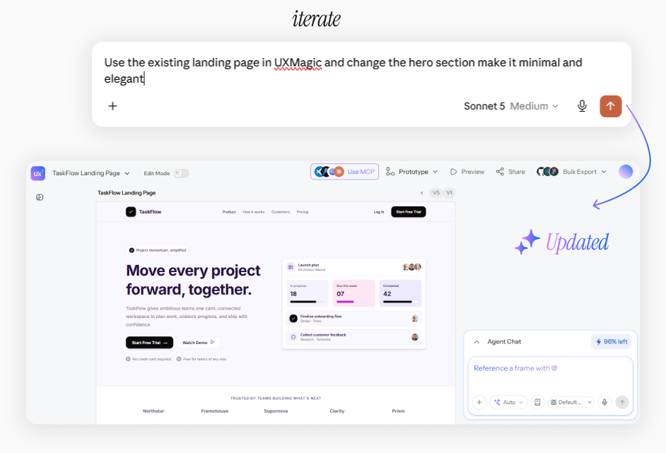 A follow-up Claude prompt updating an existing UXMagic landing page
