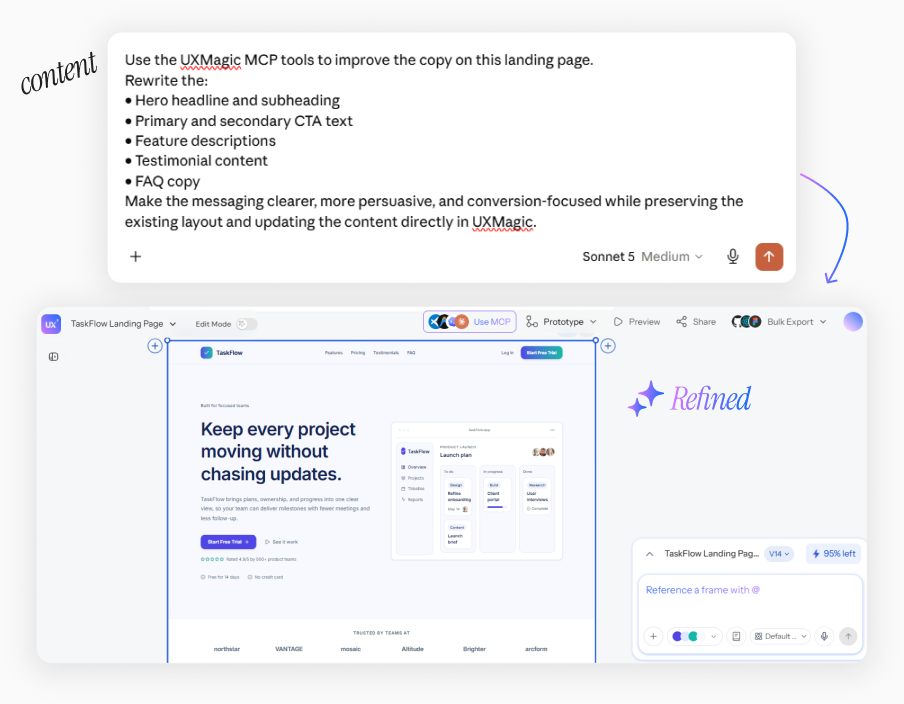 Claude rewriting the copy of a landing page inside UXMagic